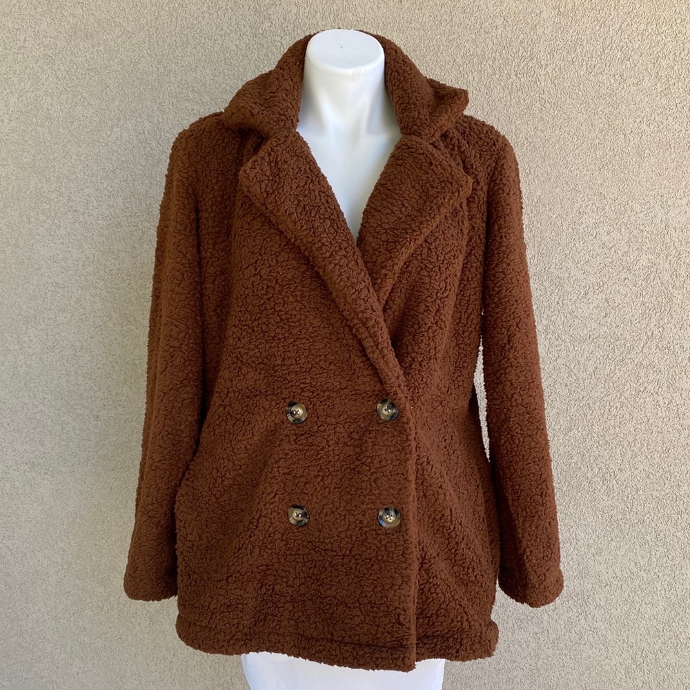Coffee Cozy Sherpa Mid Length Jacket w Pockets - Picture 2 of 4